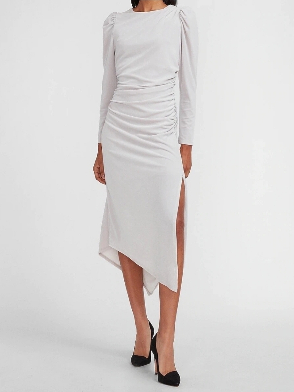 EXPRESS Womens Velvet Ruched Side Asymmetrical Midi Dress S Grey $98 - Picture 2 of 16